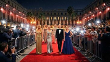A realistic high-definition night scene of a red carpet event featuring celebrities in elegant 2025 fashion gowns walking past a blurred background of paparazzi and flashing cameras.