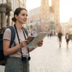 A confident young woman standing on a sunny European street holding a map and notebook, illustrating essential solo female travel safety tips and preparation.