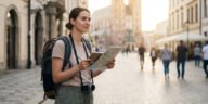 A confident young woman standing on a sunny European street holding a map and notebook, illustrating essential solo female travel safety tips and preparation.