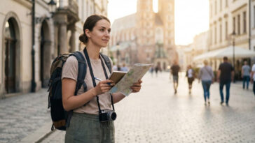 A confident young woman standing on a sunny European street holding a map and notebook, illustrating essential solo female travel safety tips and preparation.