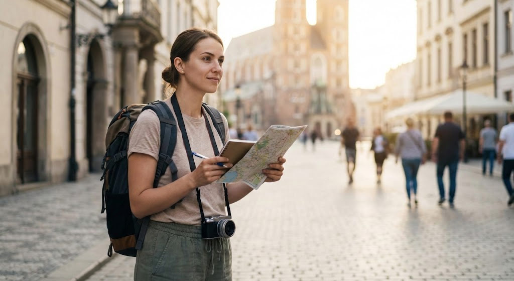 A confident young woman standing on a sunny European street holding a map and notebook, illustrating essential solo female travel safety tips and preparation.