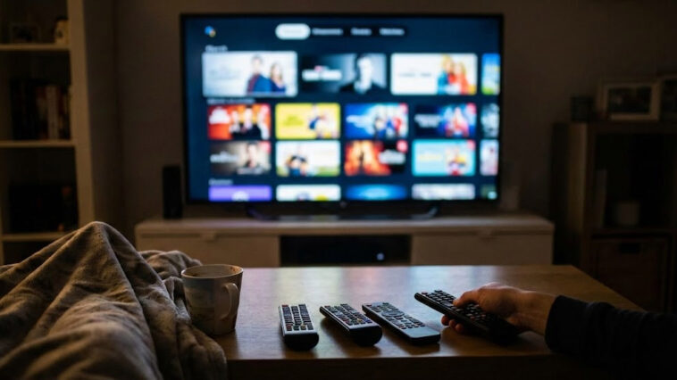 A first-person view of a person holding a remote control in a dimly lit living room, with several other remotes on a coffee table and a large smart TV displaying a streaming service interface in the background.