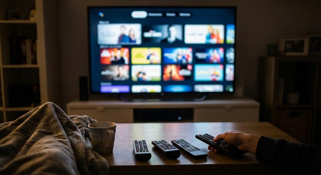A first-person view of a person holding a remote control in a dimly lit living room, with several other remotes on a coffee table and a large smart TV displaying a streaming service interface in the background.