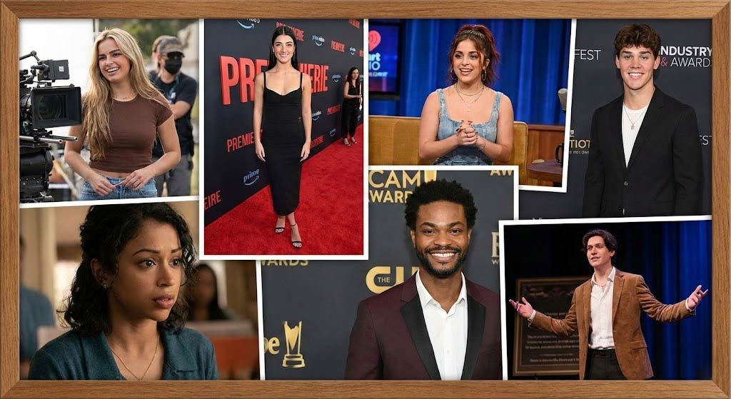 Collage of TikTok stars Addison Rae, Charli D'Amelio, Baby Ariel, Noah Beck, Liza Koshy, King Bach, and Chase Hudson transforming into Hollywood actors on movie sets and red carpets.