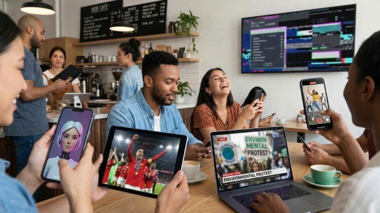 Realistic scene of diverse people in a modern cafe looking at smartphones and laptops displaying 2025 viral trends, including AI avatars, sports highlights, and social media glitches.