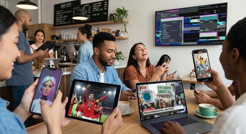 Realistic scene of diverse people in a modern cafe looking at smartphones and laptops displaying 2025 viral trends, including AI avatars, sports highlights, and social media glitches.