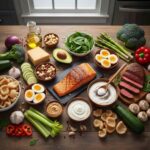 A realistic flat-lay of keto-friendly foods including grilled salmon, sliced steak, boiled eggs, avocado, nuts, and green vegetables on a wooden table.