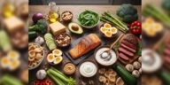 A realistic flat-lay of keto-friendly foods including grilled salmon, sliced steak, boiled eggs, avocado, nuts, and green vegetables on a wooden table.