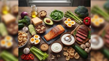A realistic flat-lay of keto-friendly foods including grilled salmon, sliced steak, boiled eggs, avocado, nuts, and green vegetables on a wooden table.