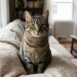 A realistic brown tabby cat sitting on a couch staring directly at the viewer, illustrating the common pet owner question: "Why does my cat stare at me?