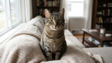 A realistic brown tabby cat sitting on a couch staring directly at the viewer, illustrating the common pet owner question: "Why does my cat stare at me?