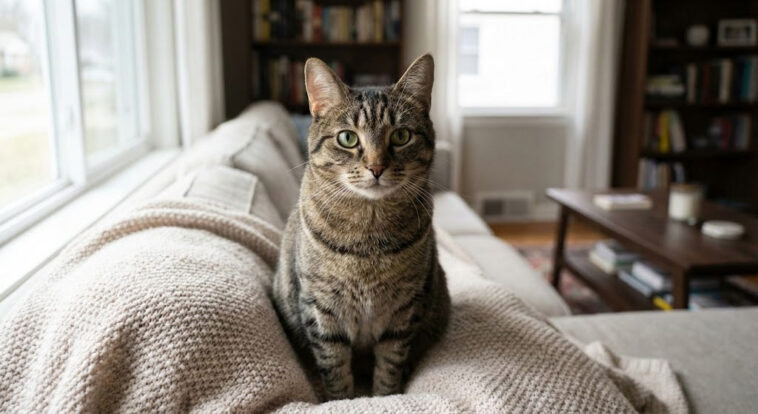 A realistic brown tabby cat sitting on a couch staring directly at the viewer, illustrating the common pet owner question: "Why does my cat stare at me?